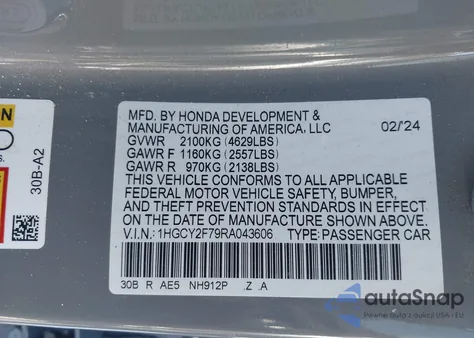 2024 Honda Accord Hybrid Sport-L из США, поврежденный, VIN 1HGCY2F79RA043606